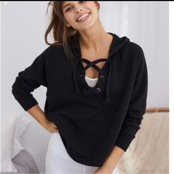 aerie Tops - AERIE ~ Comfy Black Lace-Up Hooded Sweatshirt ~ Cropped Length ~ Size X-Small